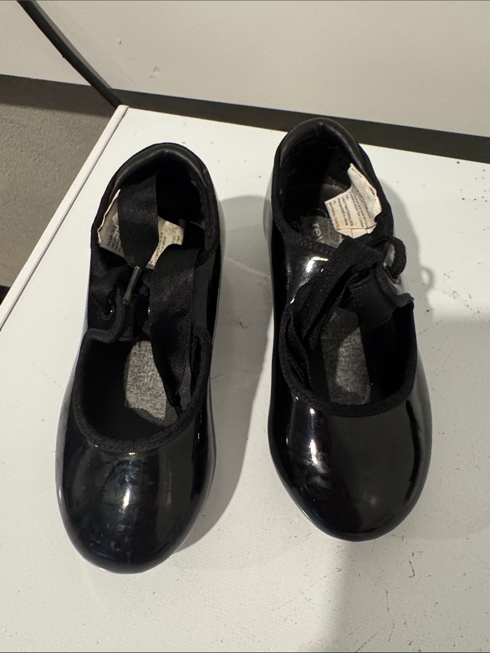 Revolution Black Patent Tap shoes with Ribbon Tie